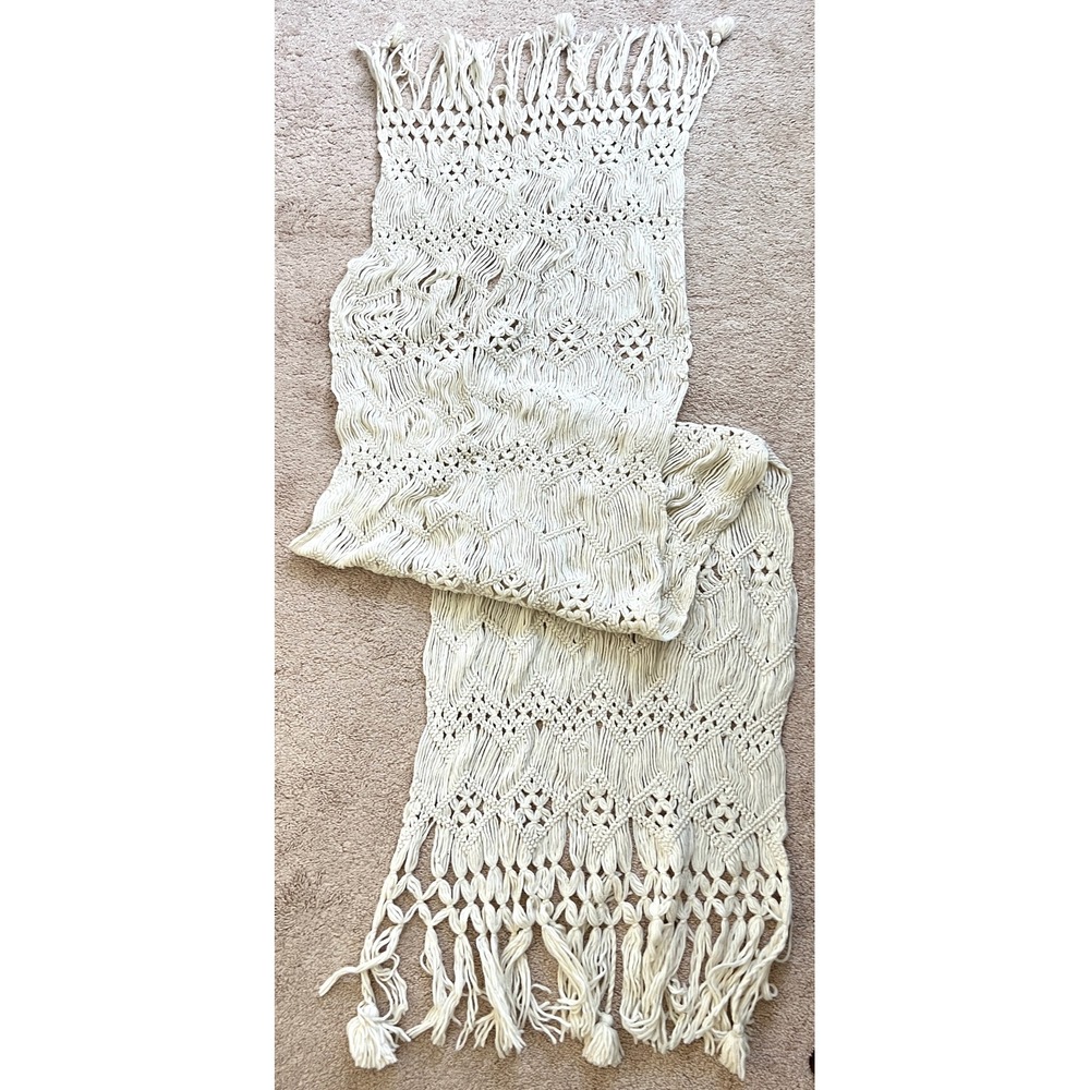 VTG Handmade Boho Macrame Table Runner Cream Off White Tassels Acrylic 88" x 21"